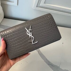YSL SAINT LAURENT ENVELOPE LARGE FLAP WALLET IN CROCODILE-EMBOSSED LEATHER